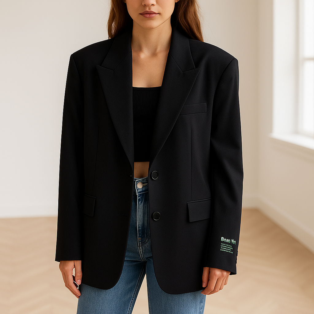 Oversized zwarte damesblazer met 'Best Feel' patch op de mouw, gestyled met een witte cropped top en spijkerrokje – trendy streetstyle look voor moderne vrouwen