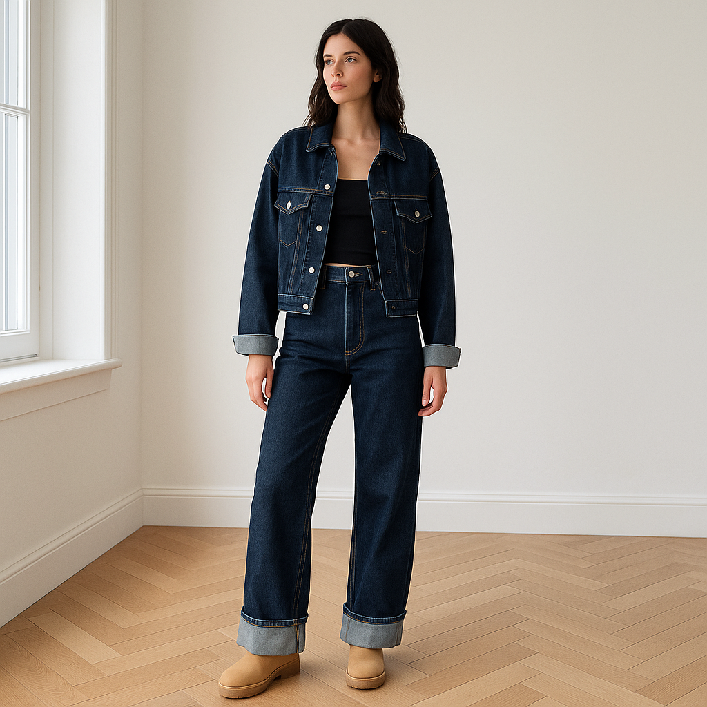 Vrouw draagt een trendy denim set voor dames met wide leg jeans en cropped spijkerjasje, perfect als streetwear co-ord outfit voor dagelijks gebruik of avondje uit – stijlvolle en comfortabele look in premium blauwe denim.