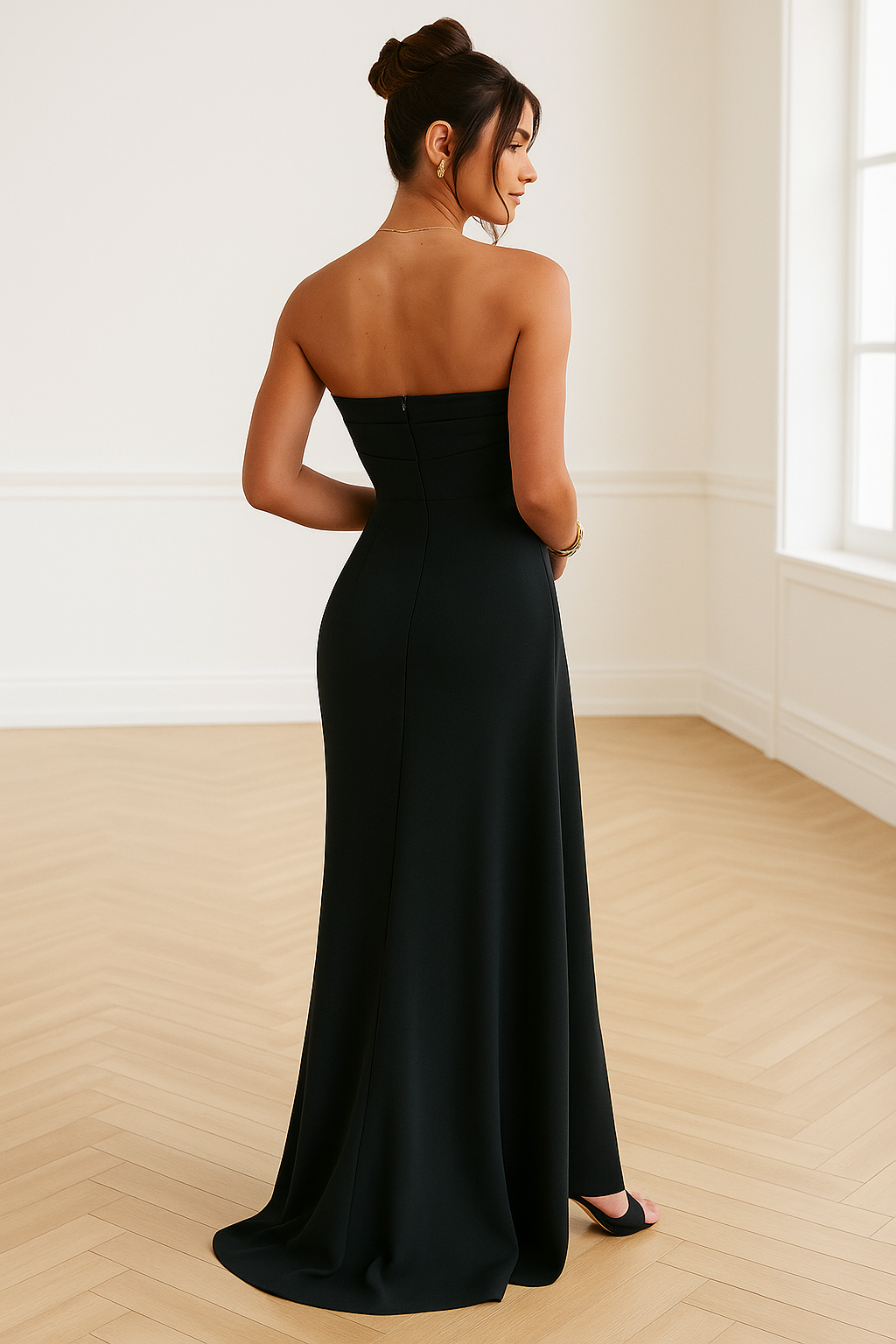 vrouw in elegante maxi jurk met hoge split en off-shoulder design