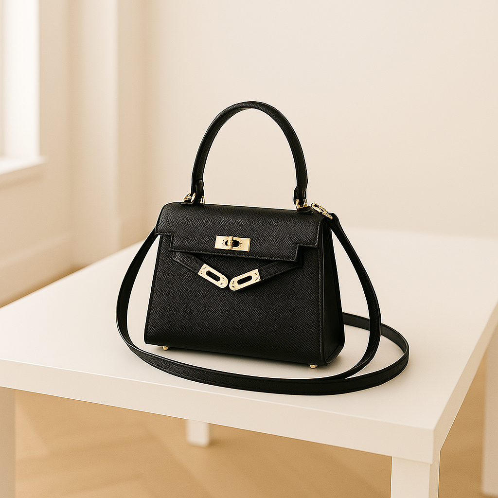 Elegante schoudertas voor dames met goudkleurige details, top handle en verstelbare schouderriem, gestyled voor zowel casual als zakelijke outfits.