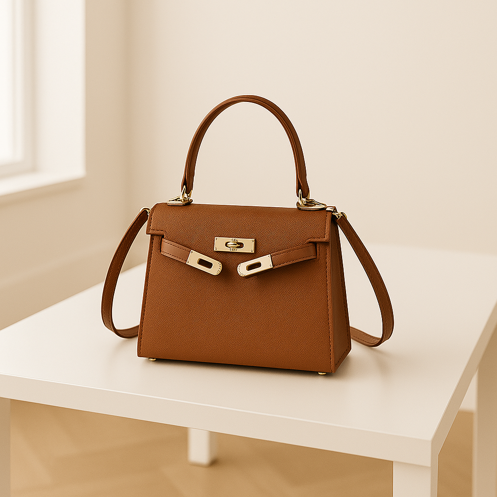 Elegante schoudertas voor dames met goudkleurige details, top handle en verstelbare schouderriem, gestyled voor zowel casual als zakelijke outfits.