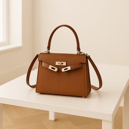 Elegante schoudertas voor dames met goudkleurige details, top handle en verstelbare schouderriem, gestyled voor zowel casual als zakelijke outfits.