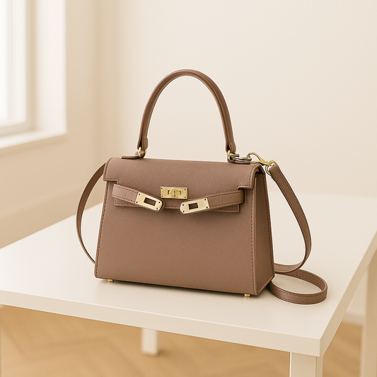 Elegante schoudertas voor dames met goudkleurige details, top handle en verstelbare schouderriem, gestyled voor zowel casual als zakelijke outfits.