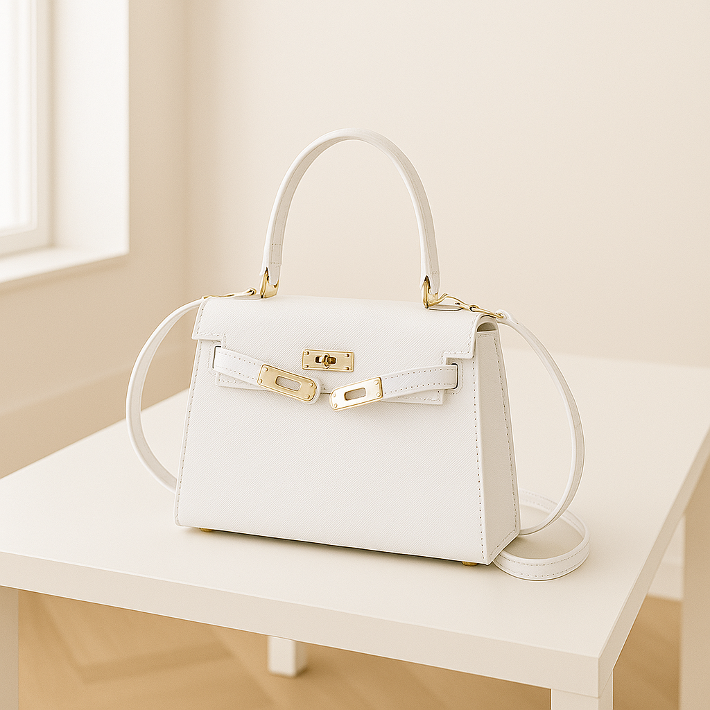 Elegante schoudertas voor dames met goudkleurige details, top handle en verstelbare schouderriem, gestyled voor zowel casual als zakelijke outfits.