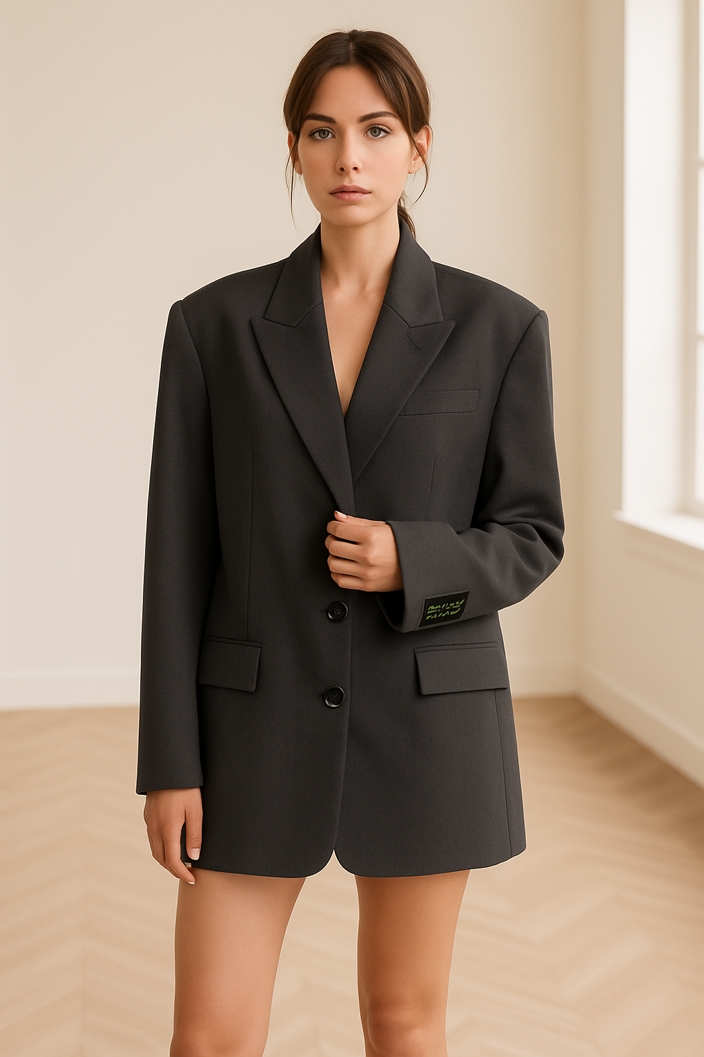 Oversized donkergrijze damesblazer met 'Best Feel' patch op de mouw, gestyled met een witte cropped top en spijkerrokje – trendy streetstyle look voor moderne vrouwen
