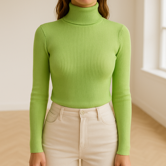 Groene ribgebreide coltrui voor dames – zachte, aansluitende basic trui met lange mouwen en hoge kraag, perfect voor herfst en winter en voorjaar