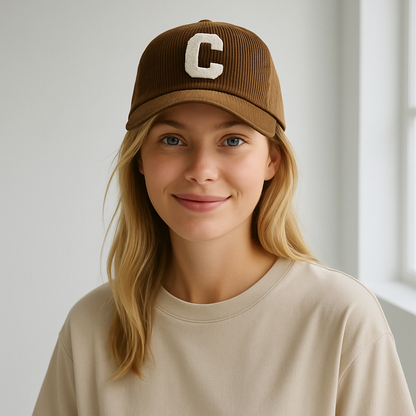 Corduroy baseballpetten voor dames en heren met badstof C-logo – verkrijgbaar in beige, grijs, zwart en crème – trendy unisex caps voor elke casual outfit.
