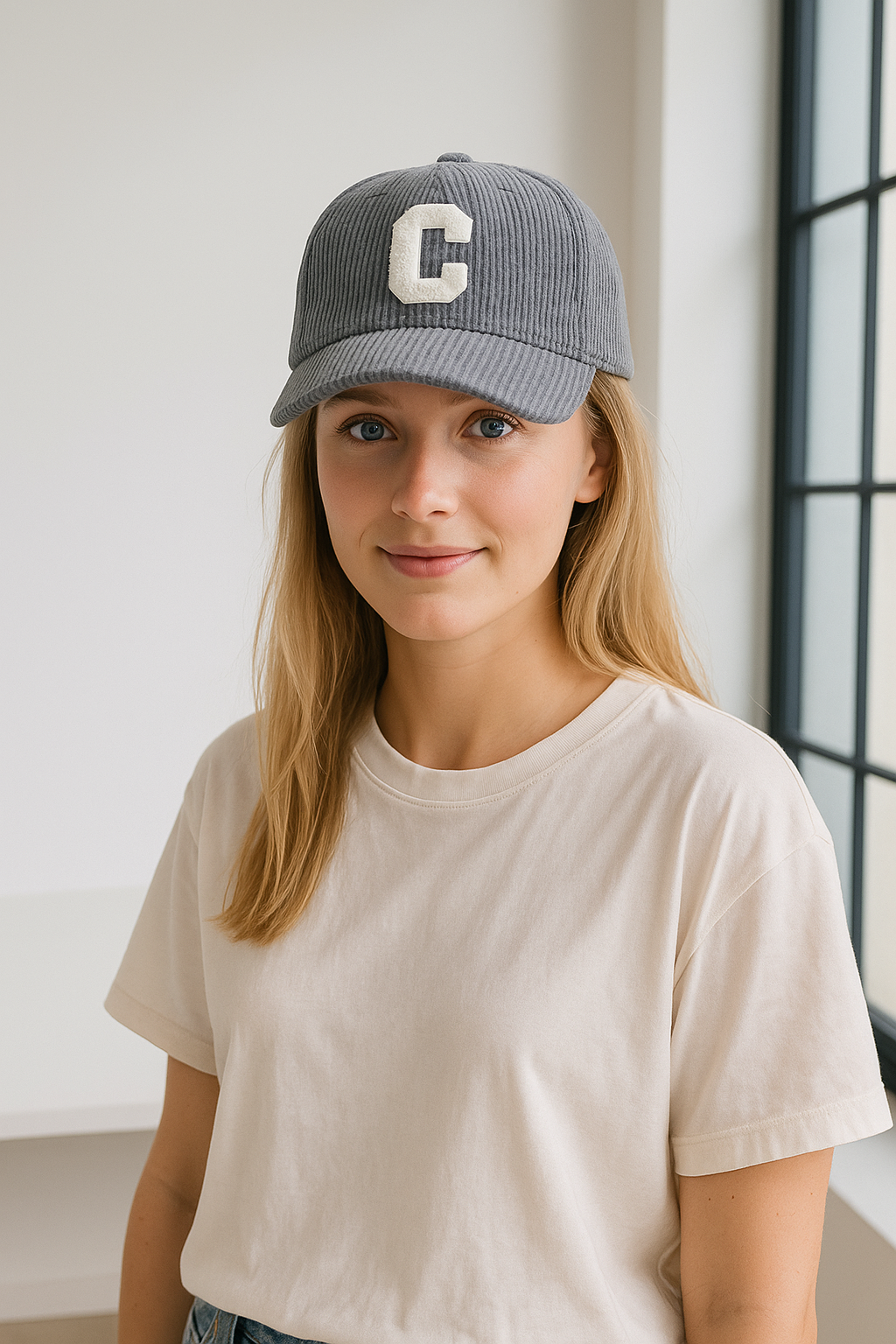 Corduroy baseballpetten voor dames en heren met badstof C-logo – verkrijgbaar in beige, grijs, zwart en crème – trendy unisex caps voor elke casual outfit.