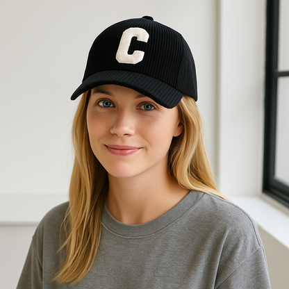Corduroy baseballpetten voor dames en heren met badstof C-logo – verkrijgbaar in beige, grijs, zwart en crème – trendy unisex caps voor elke casual outfit.