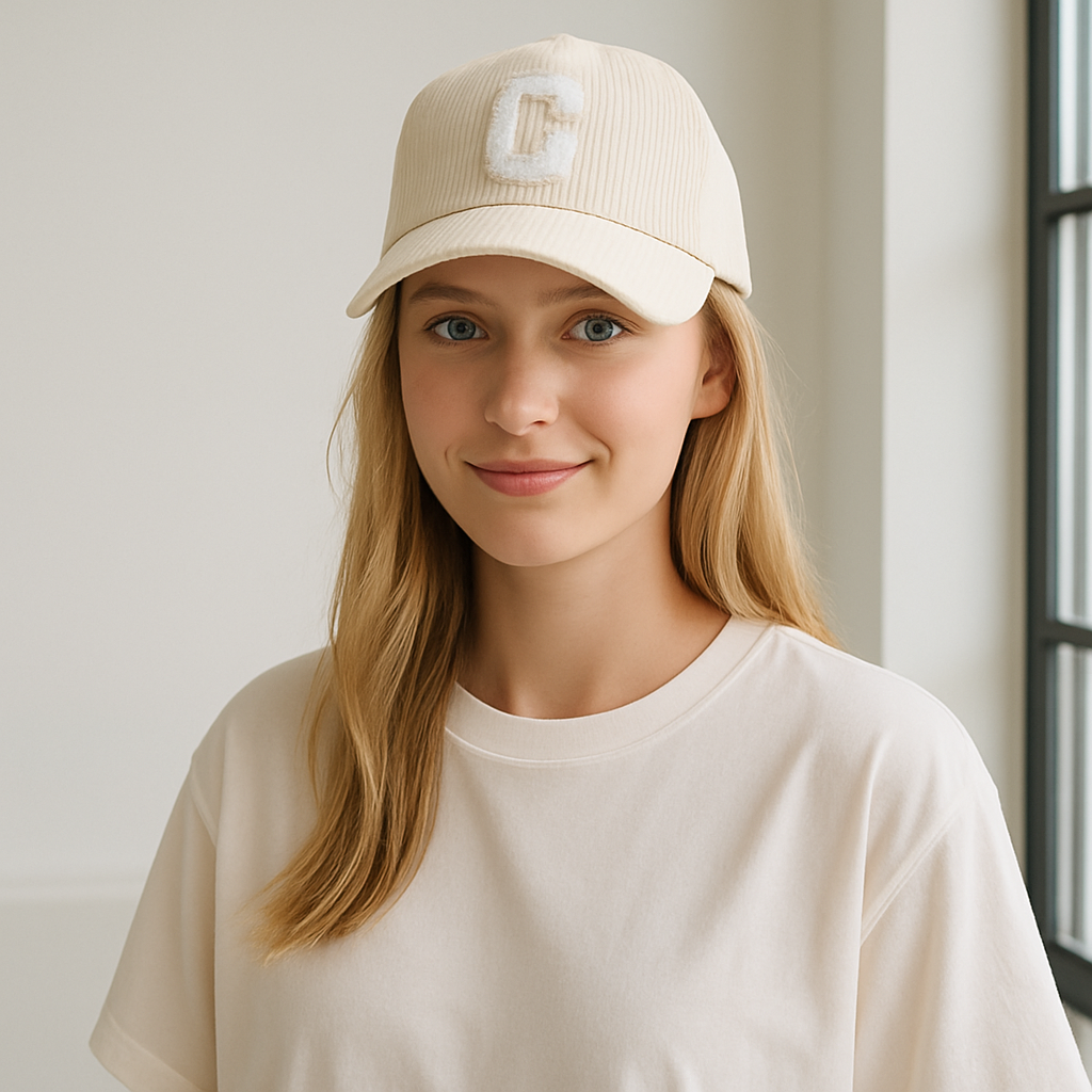 Corduroy baseballpetten voor dames en heren met badstof C-logo – verkrijgbaar in beige, grijs, zwart en crème – trendy unisex caps voor elke casual outfit.