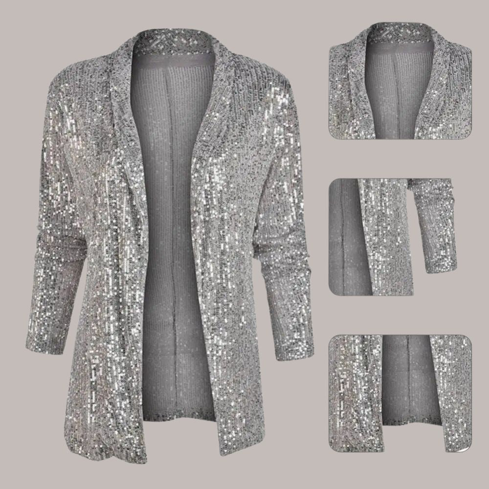 Asenet elegante sequin cardigan met lange mouwen en glanzend open ontwerp voor een luxe uitstraling. Perfect voor feestjes, speciale gelegenheden of om een vleugje glamour aan je dagelijkse look toe te voegen. Gemaakt van zacht polyester voor comfort en bewegingsvrijheid. Verkrijgbaar in zwart, grijs, zilver en champagne, maten S-2XL. Laat je outfit stralen met Asenet en ervaar stijl en elegantie in één. Bestel nu en maak een sprankelende indruk.