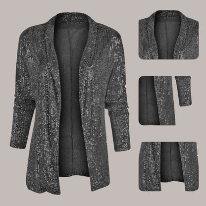 Asenet elegante sequin cardigan met lange mouwen en glanzend open ontwerp voor een luxe uitstraling. Perfect voor feestjes, speciale gelegenheden of om een vleugje glamour aan je dagelijkse look toe te voegen. Gemaakt van zacht polyester voor comfort en bewegingsvrijheid. Verkrijgbaar in zwart, grijs, zilver en champagne, maten S-2XL. Laat je outfit stralen met Asenet en ervaar stijl en elegantie in één. Bestel nu en maak een sprankelende indruk.