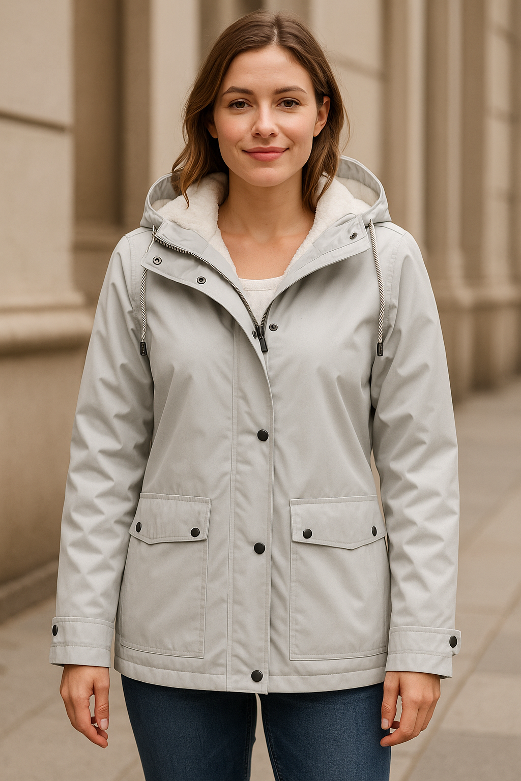 vrouw in waterdichte en winddichte licht grijze jas met zachte fleece voering 