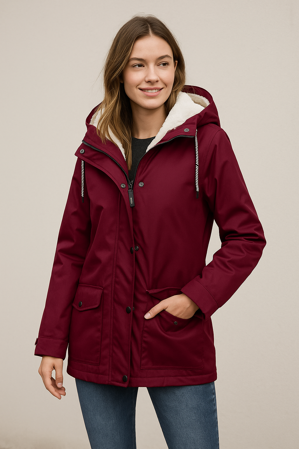 vrouw in waterdichte en winddichte bordeaux rode jas met zachte fleece voering 