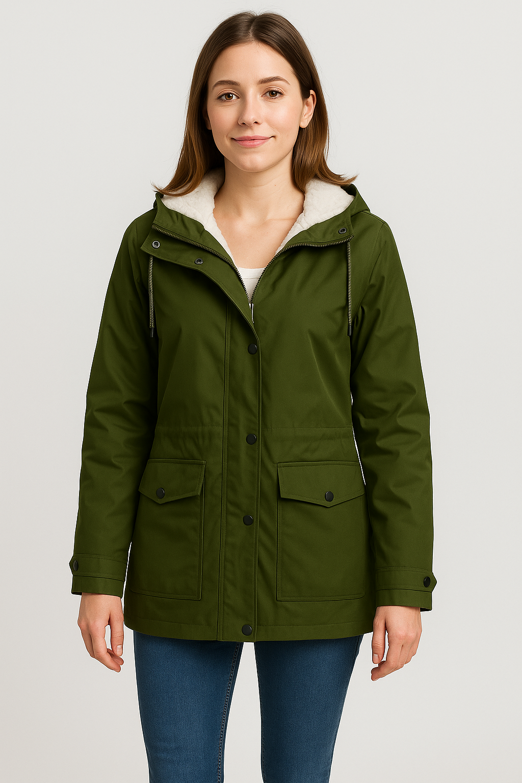 vrouw in waterdichte en winddichte donker groene jas met zachte fleece voering, perfect voor de herfst en winter