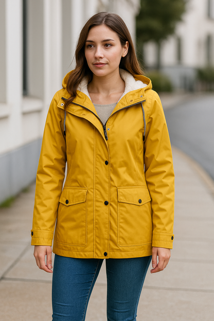 vrouw in waterdichte en winddichte gele jas met zachte fleece voering, perfect voor de herfst en winter