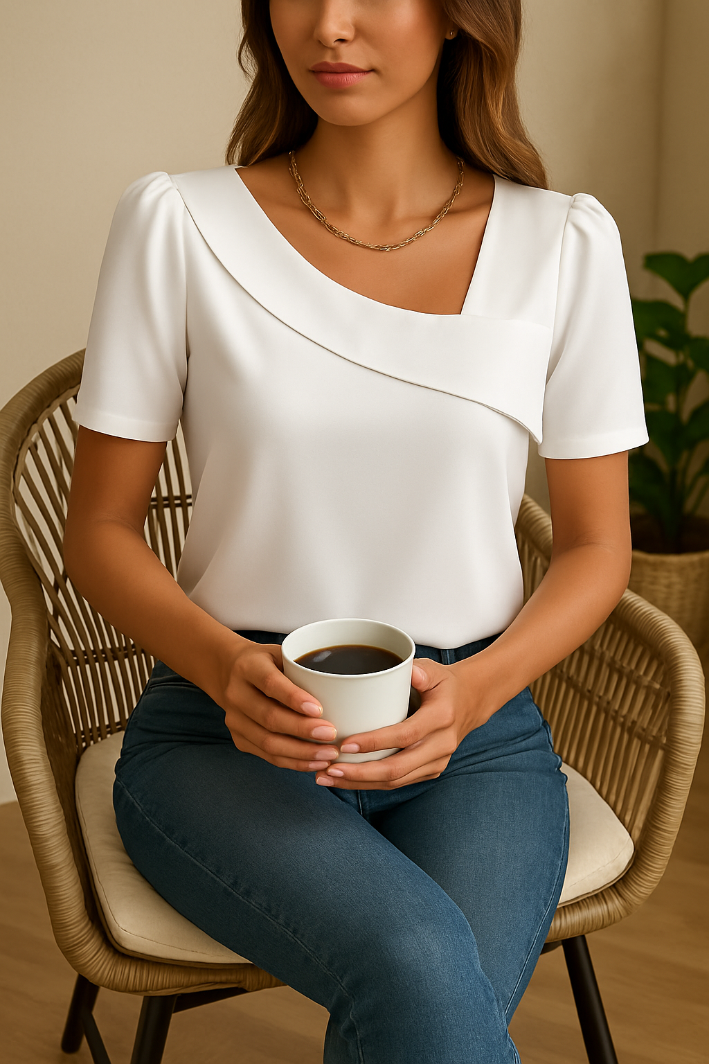 vrouw in gezellige woonkamer in het najaar met een kop thee en shirt met assymmetrische kraag en pofmouwen aan