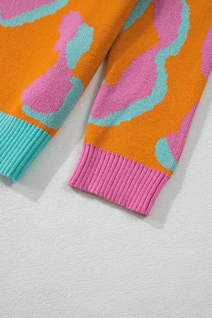 Everly | Kleurrijke gebreide damestrui met luipaardprint in oranje, roze en groen