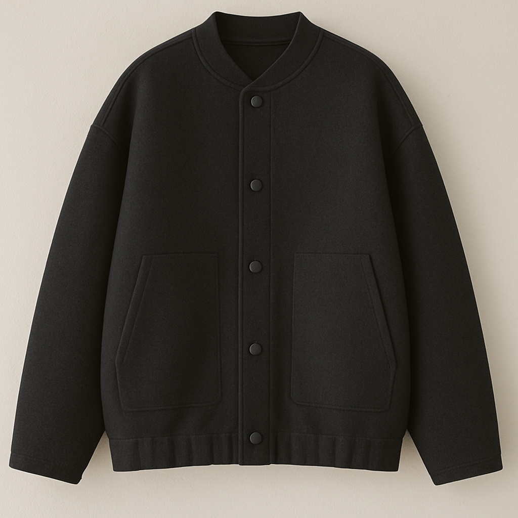  Oversized zwarte wollen bomberjack met drukknopen 