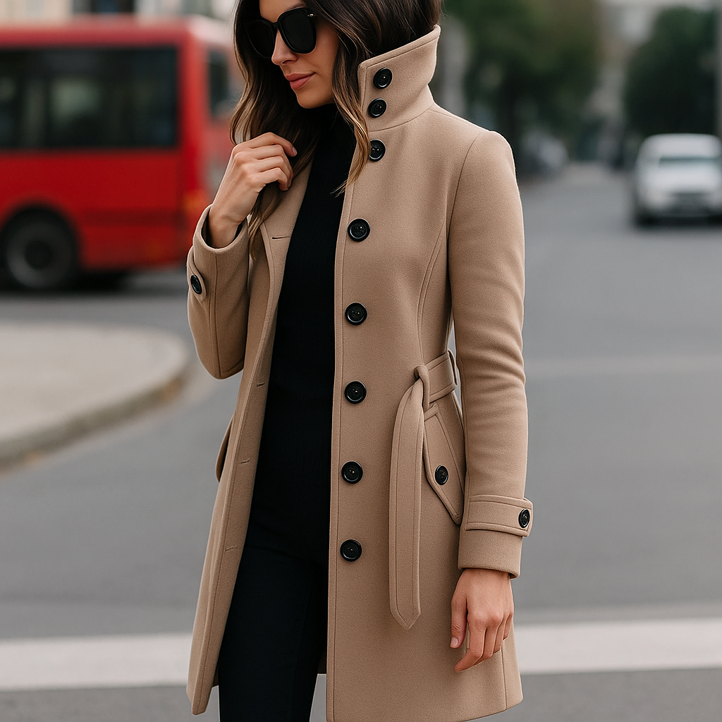 vrouw in stijlvolle lange winterjas met hoge kraag en knoopsluiting, met bijpassend ceintuur voor slanke look