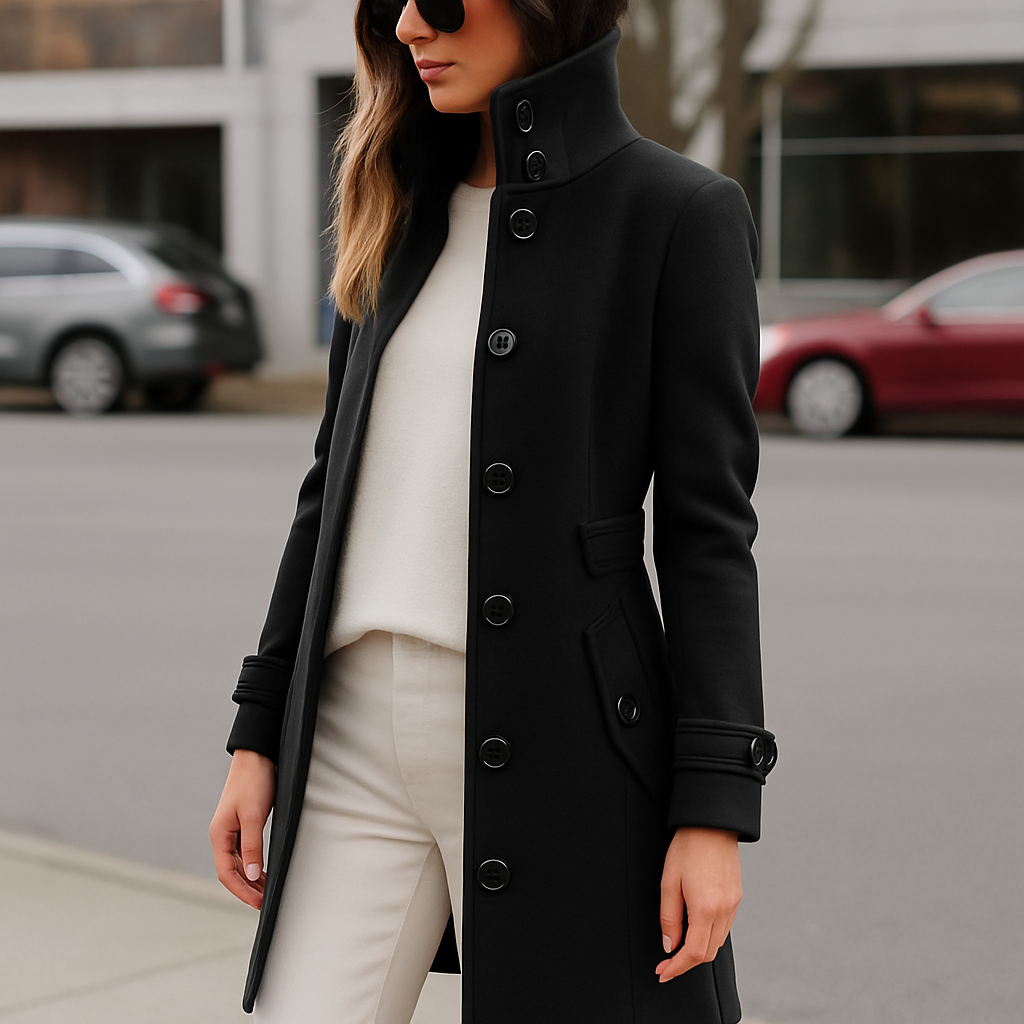 vrouw in stijlvolle lange winterjas met hoge kraag en knoopsluiting, met bijpassend ceintuur voor slanke look