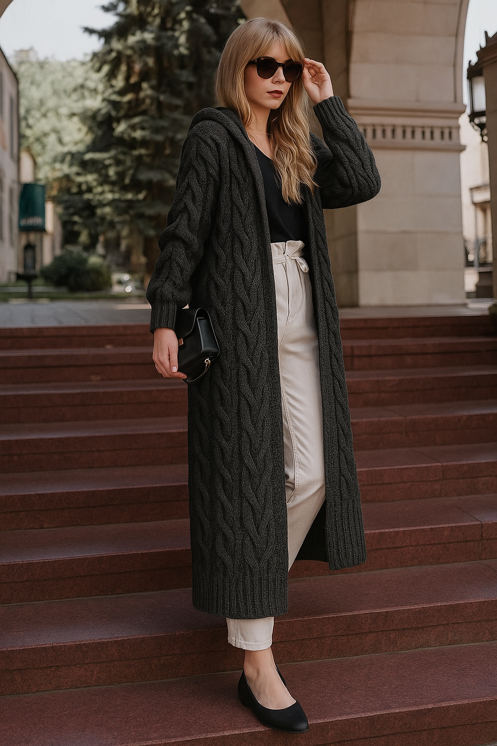 Isole gebreide cardigan: stijlvolle cardigan met lange mouwen, capuchon en een charmant gebreid patroon, perfect voor koelere dagen. Gemaakt van zacht polyester voor comfort en duurzaamheid. Verkrijgbaar in Caramel, Donkergrijs, Geel, Wit en Roze, in maten M t/m 4XL. Combineer warmte en elegantie met de veelzijdige Isole cardigan. Bestel nu en voeg een modieuze en gezellige laag toe aan je garderobe!