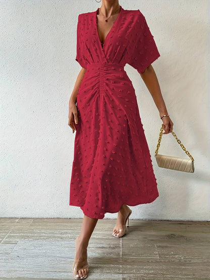 Indigo | Midi-jurk met stippen en ruches