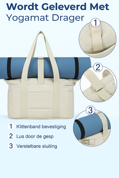je kunt ook een yogamat op de Nyla tote bag van maisonmuse.nl vastmaken met klittenband, perfect voor fitness of reizen