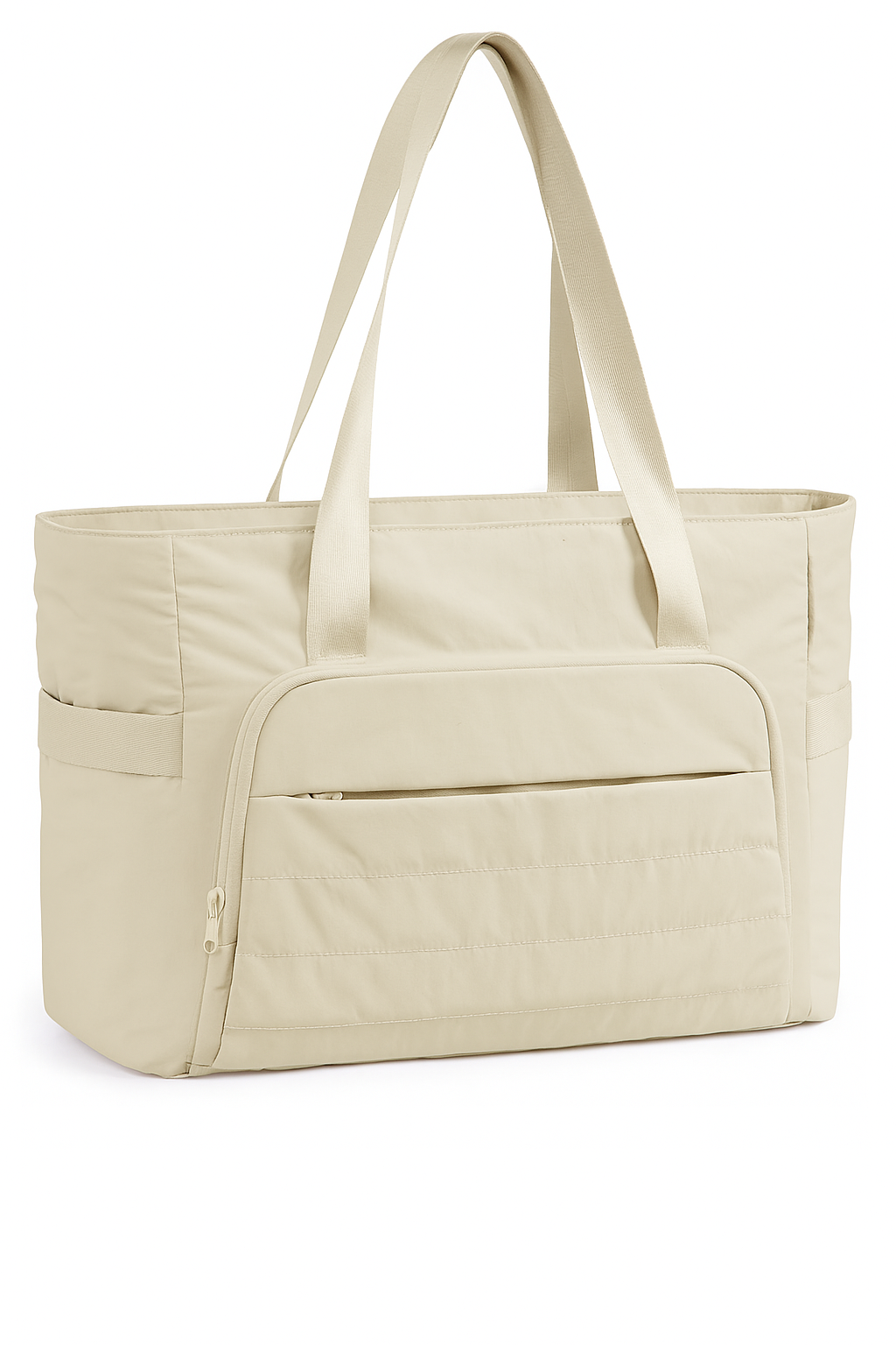 Beige Nyla tote bag met ruime inhoud, stevige nylon handvatten en meerdere vakken, geschikt voor laptop tot 15,6 inch en yogamat met 18 liter inhoud