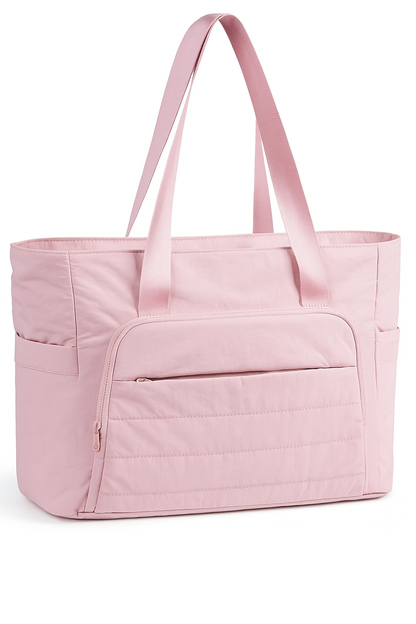 Roze Nyla tote bag met ruime inhoud, stevige nylon handvatten en meerdere vakken, geschikt voor laptop tot 15,6 inch en yogamat met 18 liter inhoud