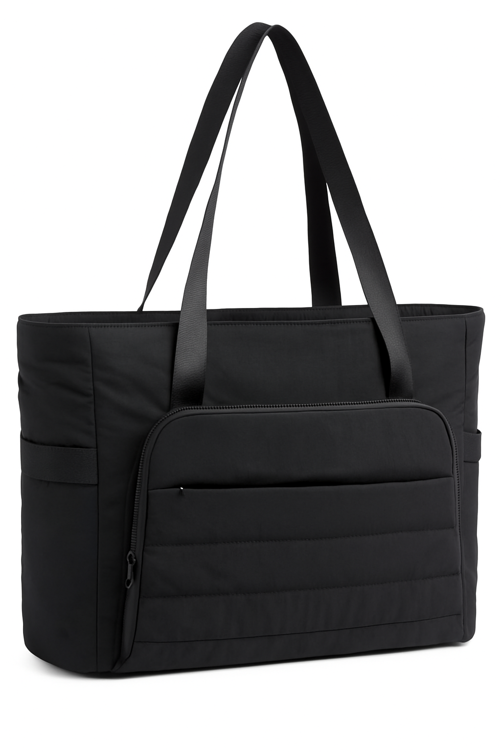 Zwarte Nyla tote bag met ruime inhoud, stevige nylon handvatten en meerdere vakken, geschikt voor laptop tot 15,6 inch en yogamat met 18 liter inhoud