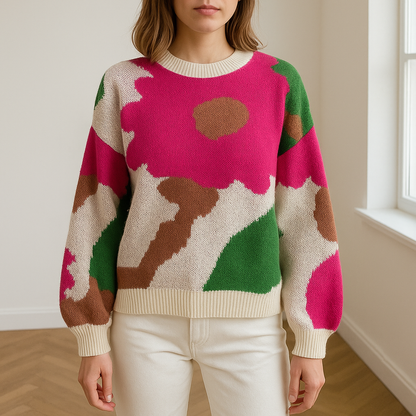 Damestrui met bloemendessin in herfstkleuren roze, groen en wit – warme gebreide sweater ideaal voor najaar fashion trends en herfst outfits.