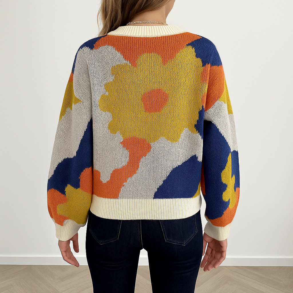 Damestrui met bloemendessin in herfstkleuren geel, oranje en blauw – warme gebreide sweater ideaal voor najaar fashion trends en herfst outfits.