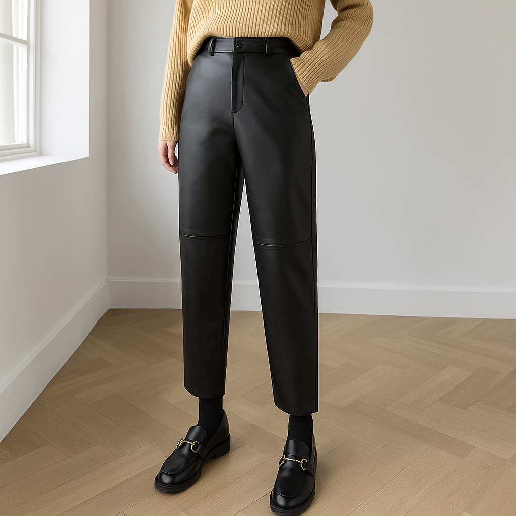 Antine is een high-waist leren broek met een elastische tailleband en stretchstof voor een comfortabele, flatterende pasvorm. Het veelzijdige design maakt het perfect voor zowel casual als chique gelegenheden. Gemaakt van hoogwaardig leer voor een luxe uitstraling en langdurige duurzaamheid. Verkrijgbaar in zwart en bourgondië, maten S-3XL. Upgrade je garderobe met Antine en combineer stijl met comfort. Bestel nu en straal zelfvertrouwen uit bij elke gelegenheid!