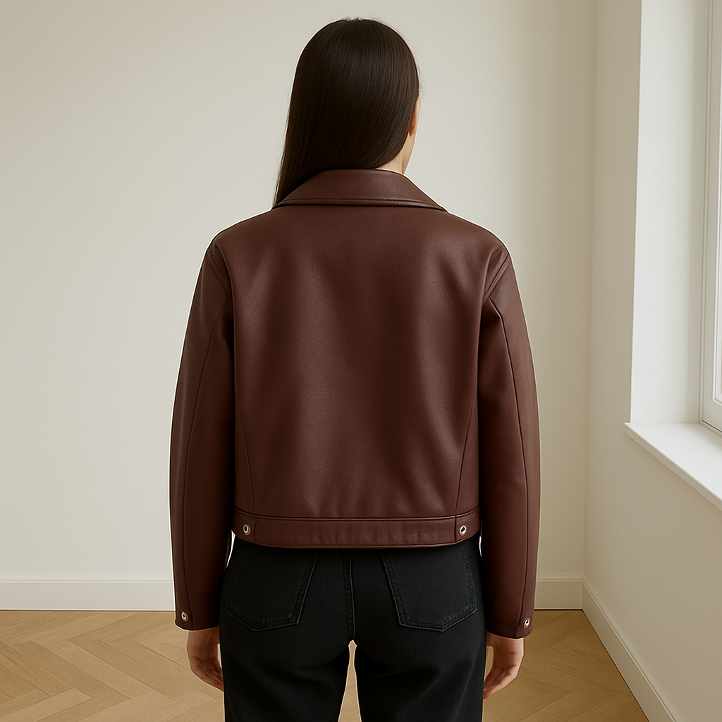 Bordeauxrode oversized damesjas van kunstleer met zilverkleurige rits, gedragen door vrouw in COS/Zara setting, stijlvolle herfst- of winterjas met moderne pasvorm.