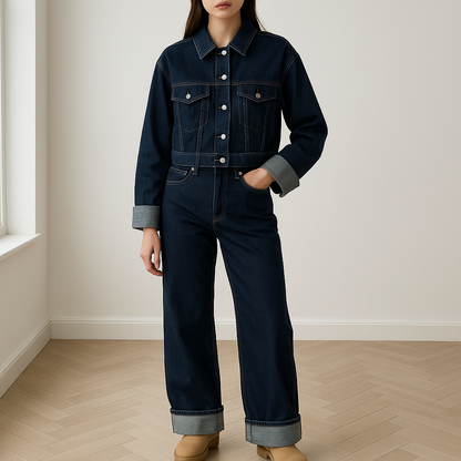 Vrouw draagt een trendy denim set voor dames met wide leg jeans en cropped spijkerjasje, perfect als streetwear co-ord outfit voor dagelijks gebruik of avondje uit – stijlvolle en comfortabele look in premium blauwe denim.