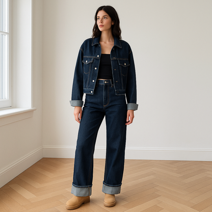 Vrouw draagt een trendy denim set voor dames met wide leg jeans en cropped spijkerjasje, perfect als streetwear co-ord outfit voor dagelijks gebruik of avondje uit – stijlvolle en comfortabele look in premium blauwe denim.