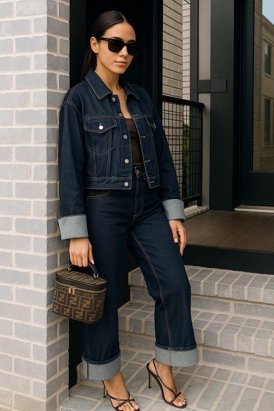 Vrouw draagt een trendy denim set voor dames met wide leg jeans en cropped spijkerjasje, perfect als streetwear co-ord outfit voor dagelijks gebruik of avondje uit – stijlvolle en comfortabele look in premium blauwe denim.