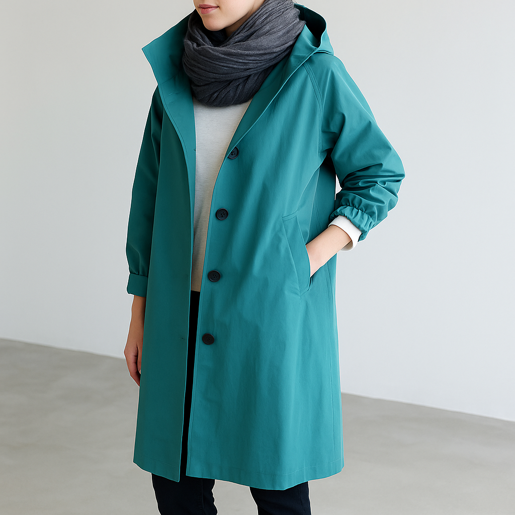 Waterdicht dames windjack met capuchon en knoopsluiting, ontworpen in een moderne, minimalistische stijl met een comfortabele, losse pasvorm. Perfect voor dagelijks gebruik en veelzijdig te combineren met casual en chique outfits.