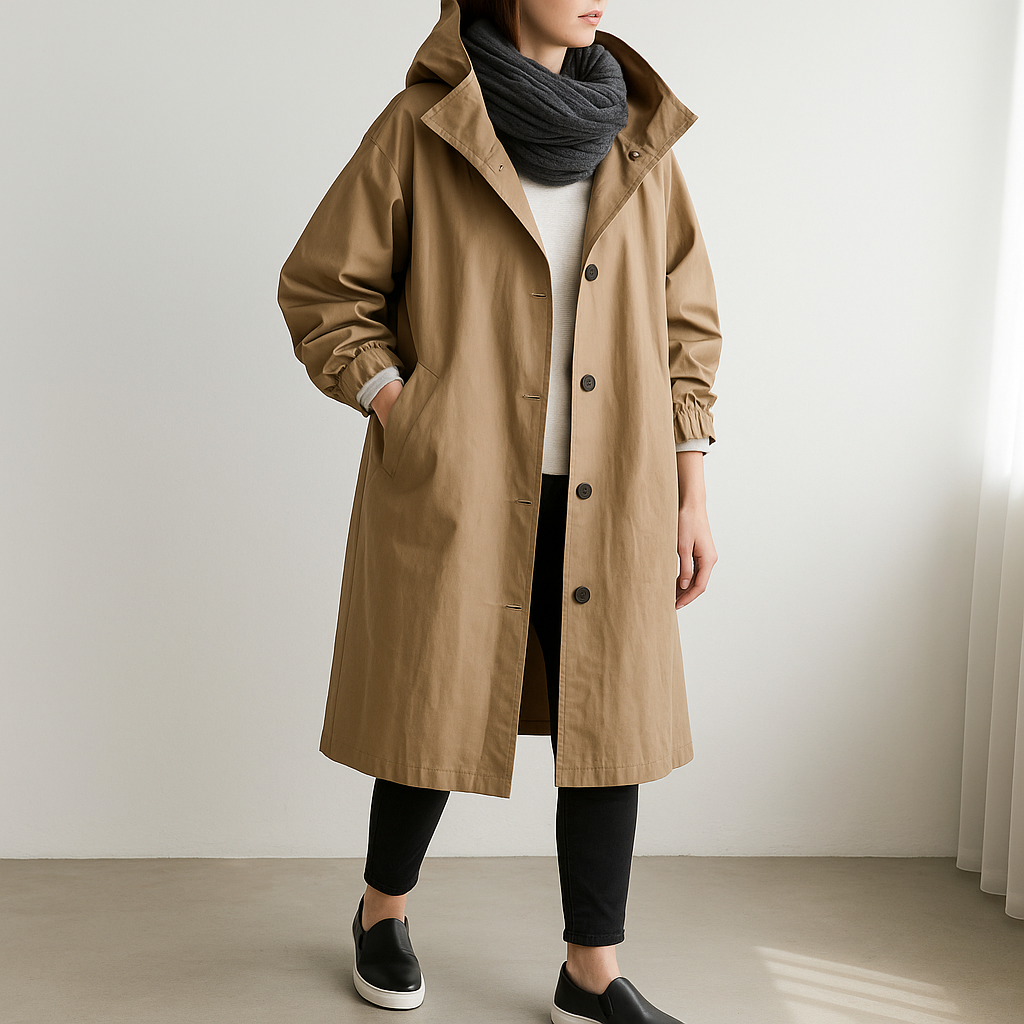 Waterdicht dames windjack met capuchon en knoopsluiting, ontworpen in een moderne, minimalistische stijl met een comfortabele, losse pasvorm. Perfect voor dagelijks gebruik en veelzijdig te combineren met casual en chique outfits.