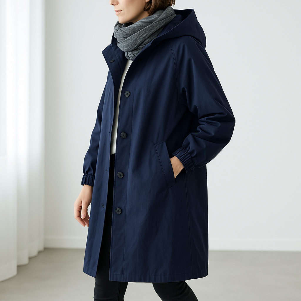 Waterdicht dames windjack met capuchon en knoopsluiting, ontworpen in een moderne, minimalistische stijl met een comfortabele, losse pasvorm. Perfect voor dagelijks gebruik en veelzijdig te combineren met casual en chique outfits.