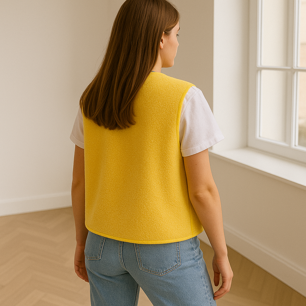 open vest met drukknopen en zakken met wolachtige structuur, perfect voor de zomer, voorjaar of herfst. het luchtige ontwerp word geleverd in groen, beige (wit), blauw en geel