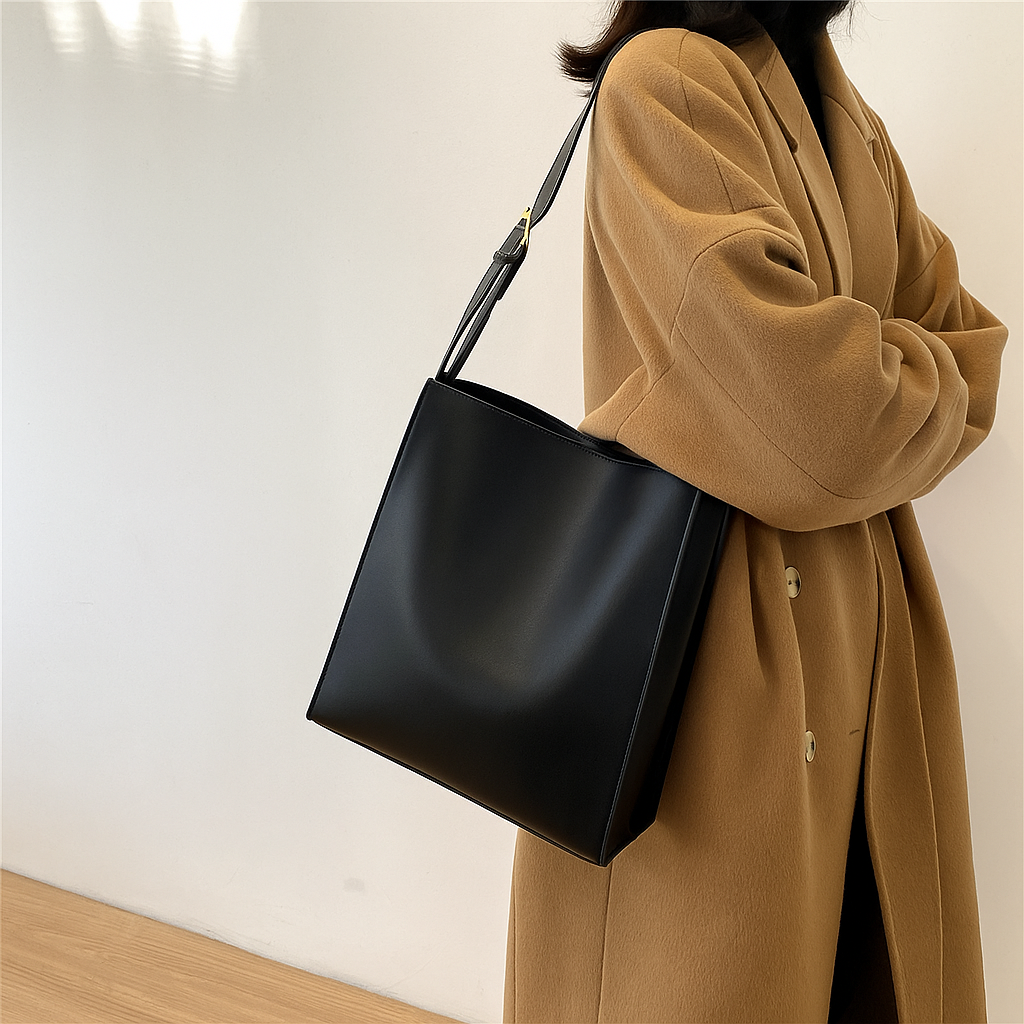 Minimalistische schoudertas van hoogwaardig vegan leer met verstelbare schouderband en tijdloos design, ideaal voor dagelijks gebruik.