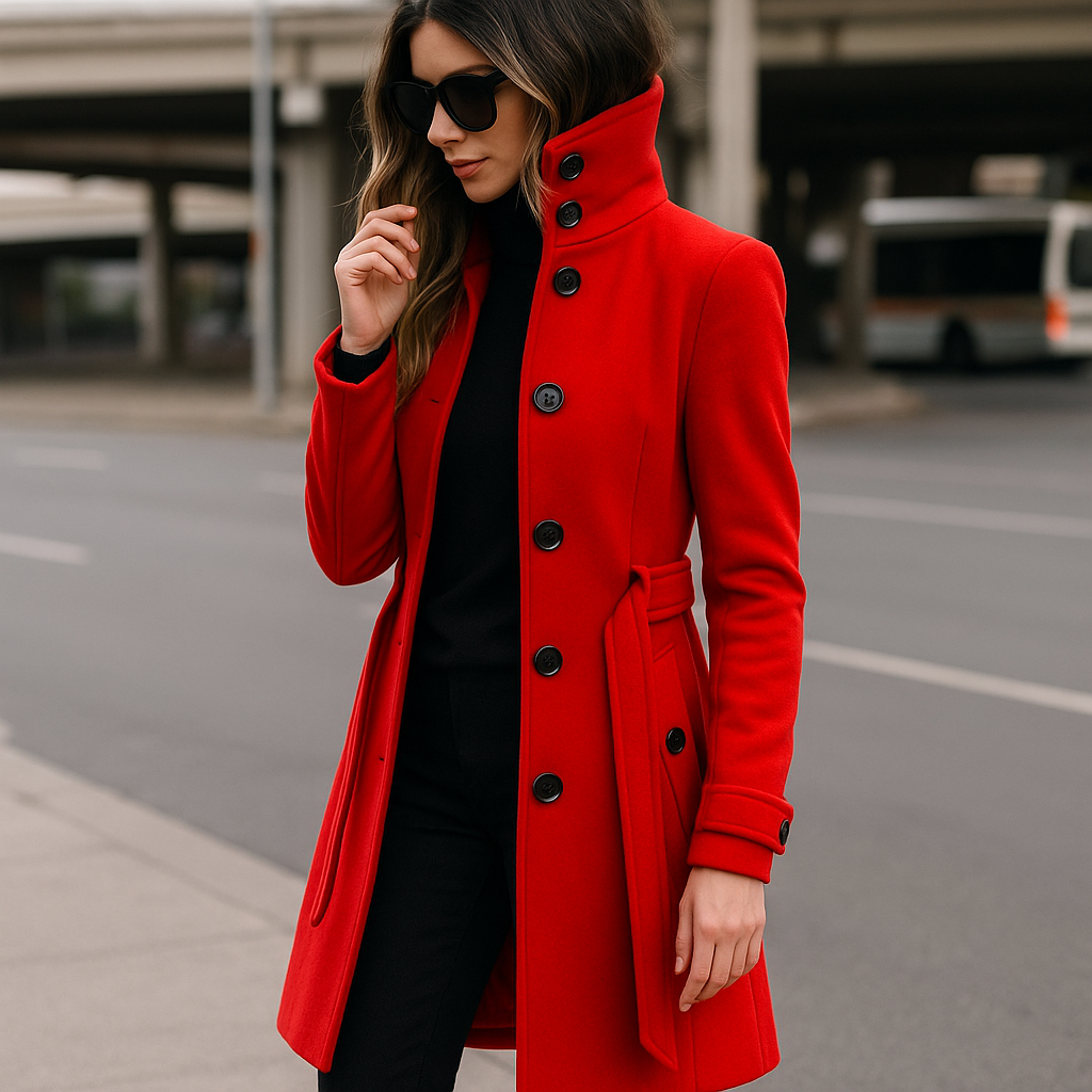 vrouw in stijlvolle lange winterjas met hoge kraag en knoopsluiting, met bijpassend ceintuur voor slanke look