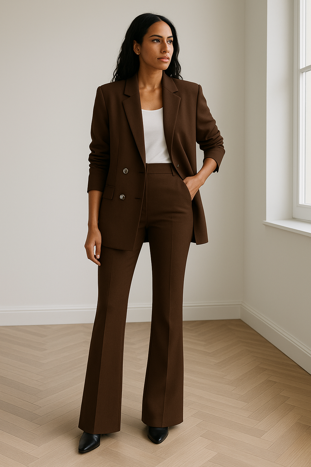 Ontdek Danika: een stijlvolle set die moeiteloos klasse en comfort combineert. Deze tweedelige outfit bestaat uit een getailleerde blazer en bijpassende broek, ontworpen voor moderne vrouwen die houden van een verfijnde uitstraling. De blazer is voorzien van een dubbele knoopsluiting en praktische zakken, terwijl de flatterende pasvorm zorgt voor een zelfverzekerde look – perfect voor zowel werk als speciale gelegenheden.Gemaakt van een hoogwaardige stofmix biedt Danika ultiem draagcomfort zonder in te le