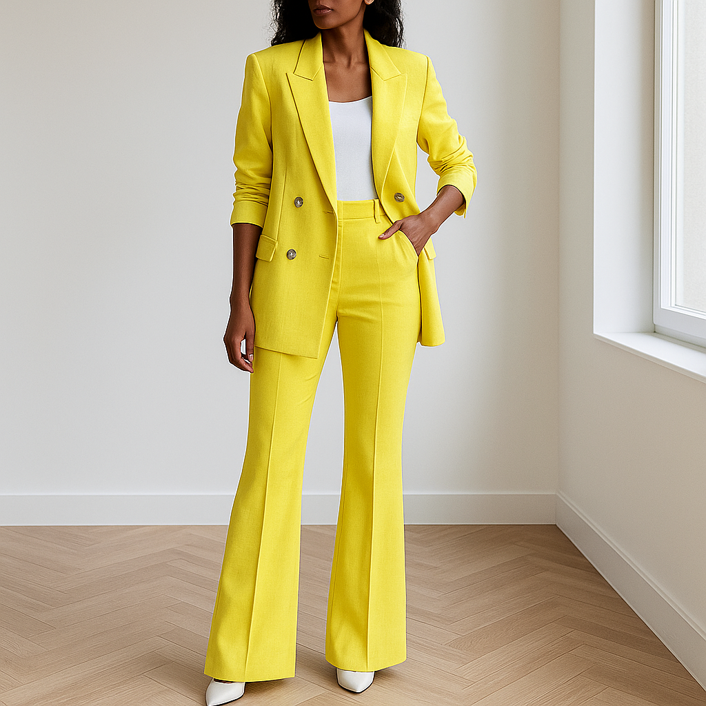 Ontdek Danika: een stijlvolle set die moeiteloos klasse en comfort combineert. Deze tweedelige outfit bestaat uit een getailleerde blazer en bijpassende broek, ontworpen voor moderne vrouwen die houden van een verfijnde uitstraling. De blazer is voorzien van een dubbele knoopsluiting en praktische zakken, terwijl de flatterende pasvorm zorgt voor een zelfverzekerde look – perfect voor zowel werk als speciale gelegenheden.Gemaakt van een hoogwaardige stofmix biedt Danika ultiem draagcomfort zonder in te le