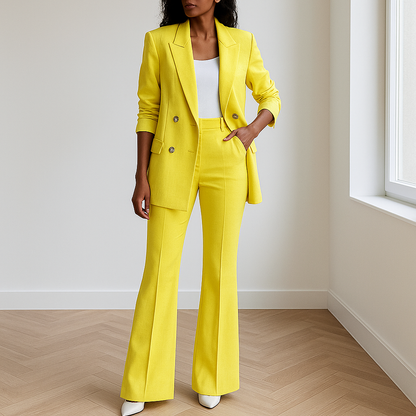 Ontdek Danika: een stijlvolle set die moeiteloos klasse en comfort combineert. Deze tweedelige outfit bestaat uit een getailleerde blazer en bijpassende broek, ontworpen voor moderne vrouwen die houden van een verfijnde uitstraling. De blazer is voorzien van een dubbele knoopsluiting en praktische zakken, terwijl de flatterende pasvorm zorgt voor een zelfverzekerde look – perfect voor zowel werk als speciale gelegenheden.Gemaakt van een hoogwaardige stofmix biedt Danika ultiem draagcomfort zonder in te le