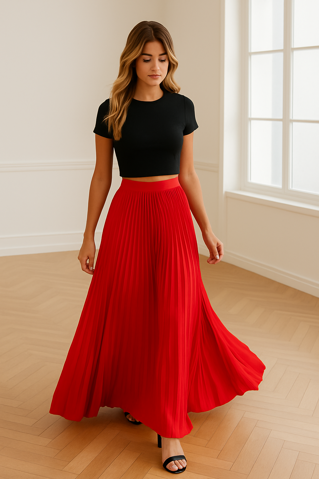 Vrouw draagt een elegante, geplooide maxi-rok in satijnachtige rode kleur met glanzende afwerking – high waist en vloeiende pasvorm, perfect voor lente en zomer.