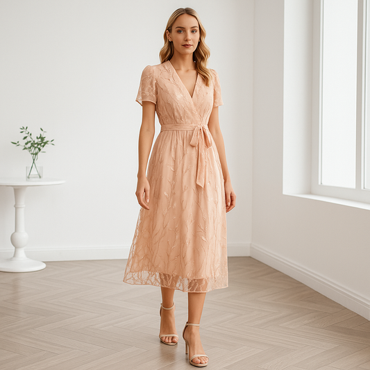 Khansile is een elegante midi-jurk met pailletten, ontworpen om te stralen bij elke stap. Met een flatterende V-hals, korte mouwen en een luchtige polyester stof biedt deze jurk het perfecte evenwicht tussen comfort en glamour. Ideaal voor cocktailparty's, formele evenementen en avondjes uit. Verkrijgbaar in roze, maten S-XL. Voeg een vleugje luxe toe aan je garderobe en straal met zelfvertrouwen. Bestel nu en geniet van een stijlvolle, sprankelende look!