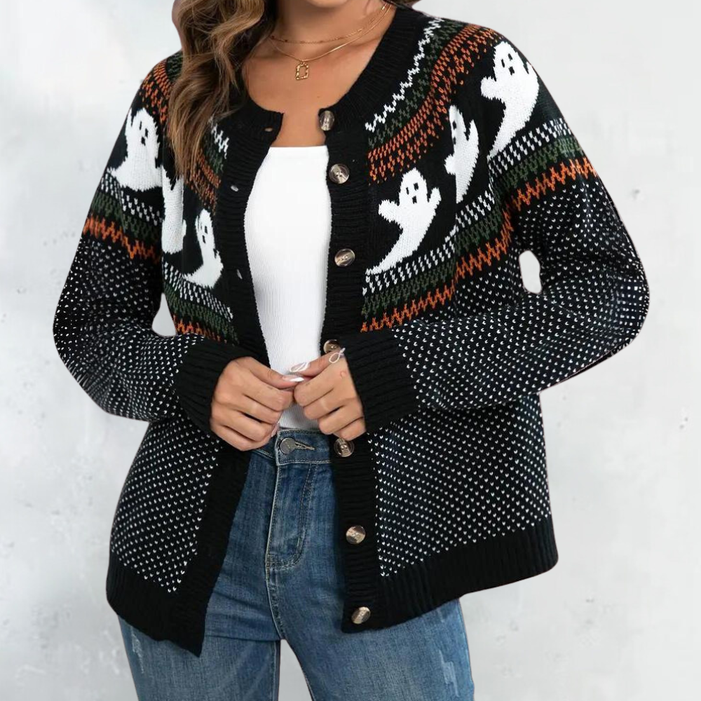 Cisca cardigan met Halloween-motieven, zachte en warme knit met open pasvorm. Perfecte herfsttrui voor casual looks en feestelijke gelegenheden.